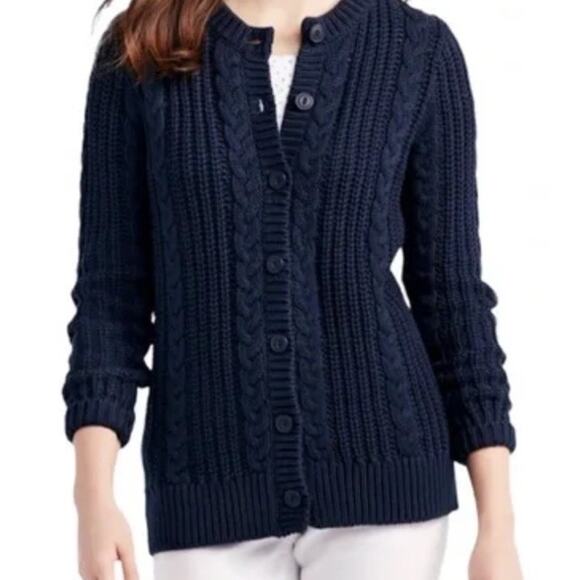 L.L.Bean Women’s Rope Stitch Shaker Cardigan Cotton Cableknit Navy Large NEW - Picture 1 of 8